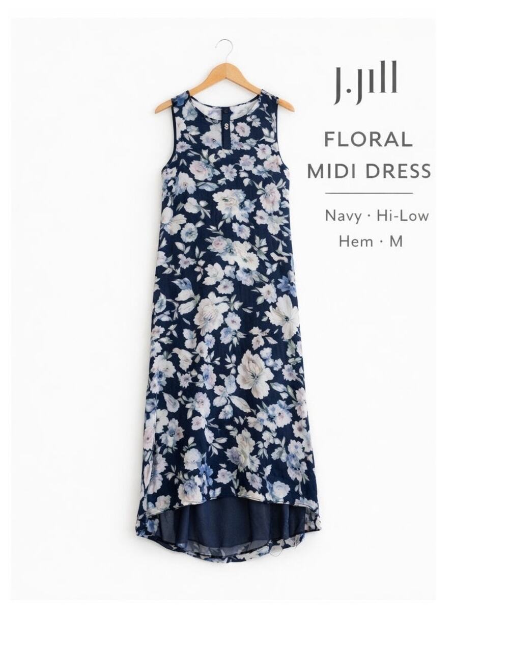 J Jill Floral Midi Dress Sleeveless Hi Low Rayon Navy Womens Medium